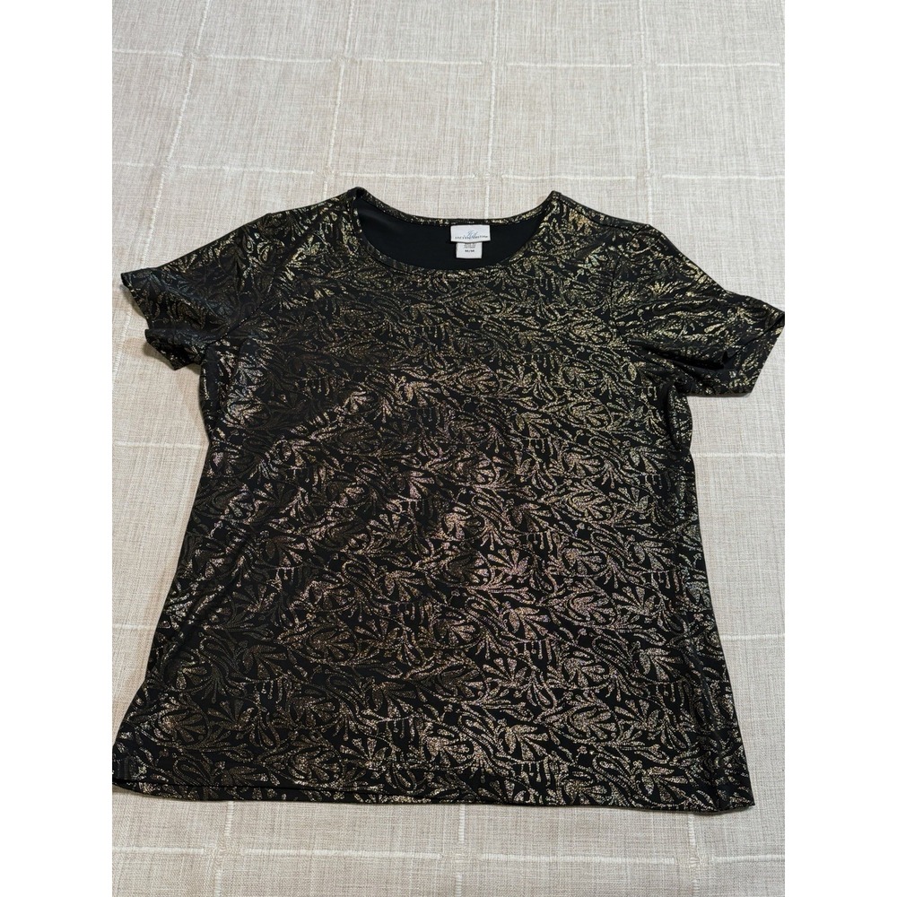 Jaclyn Smith Womens Medium Black Gold Metallic Floral Stretch Top Short Sleeve